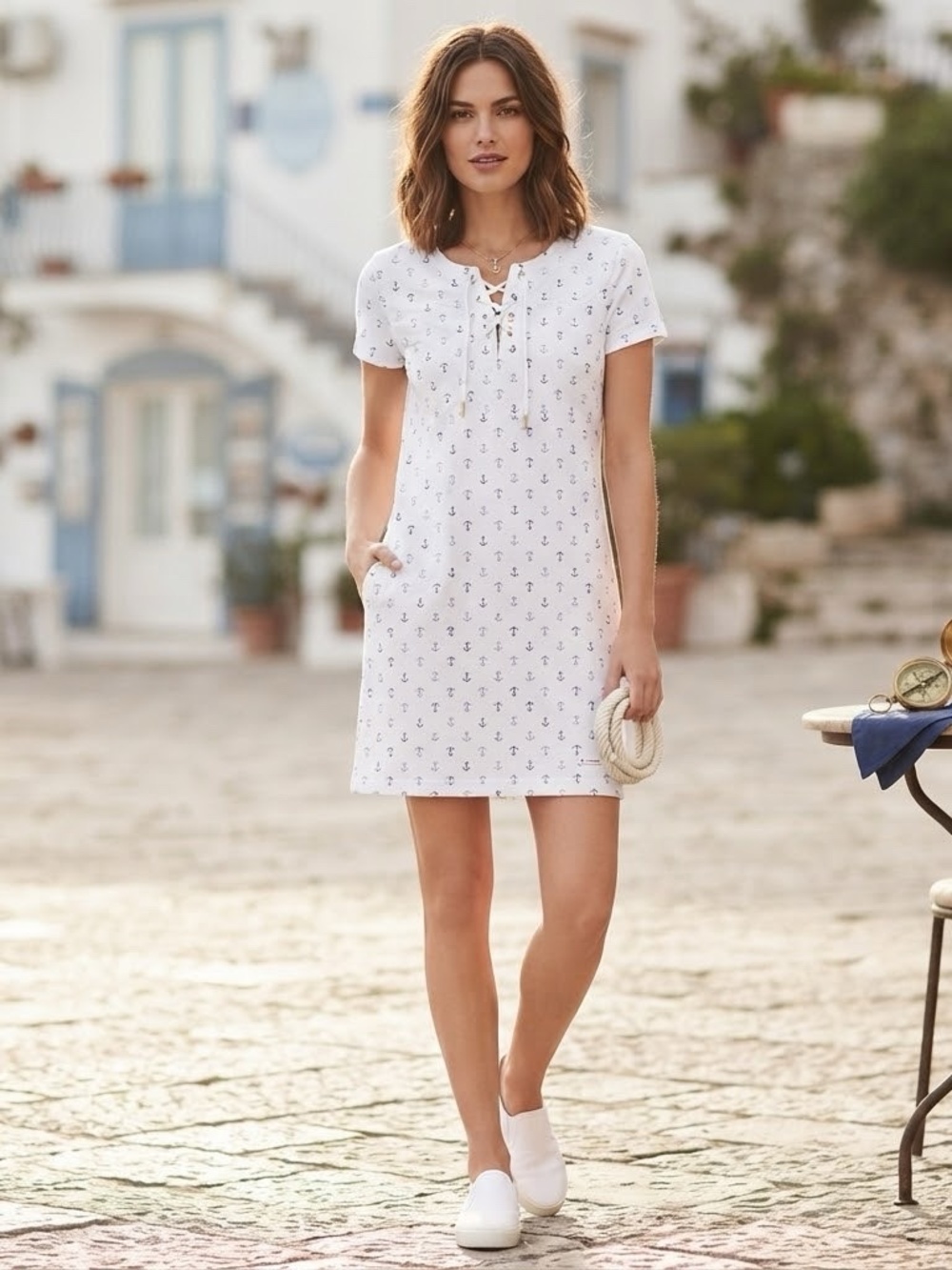 Tommy Hilfiger Nautical Anchor Shirt Dress Women’s Medium White & Navy Lace-up